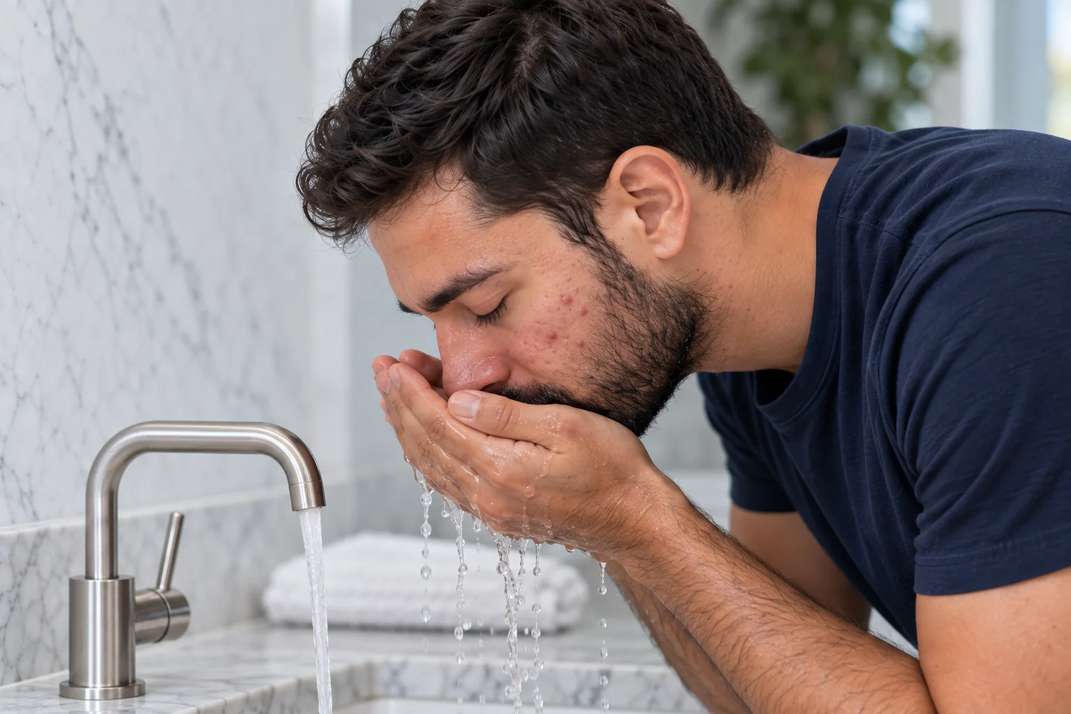 Homem de camiseta azul-marinho lava o rosto na pia de mármore, tema da acne no homem adulto, Dra. Helena Ciacci, dermatologia em Varginha