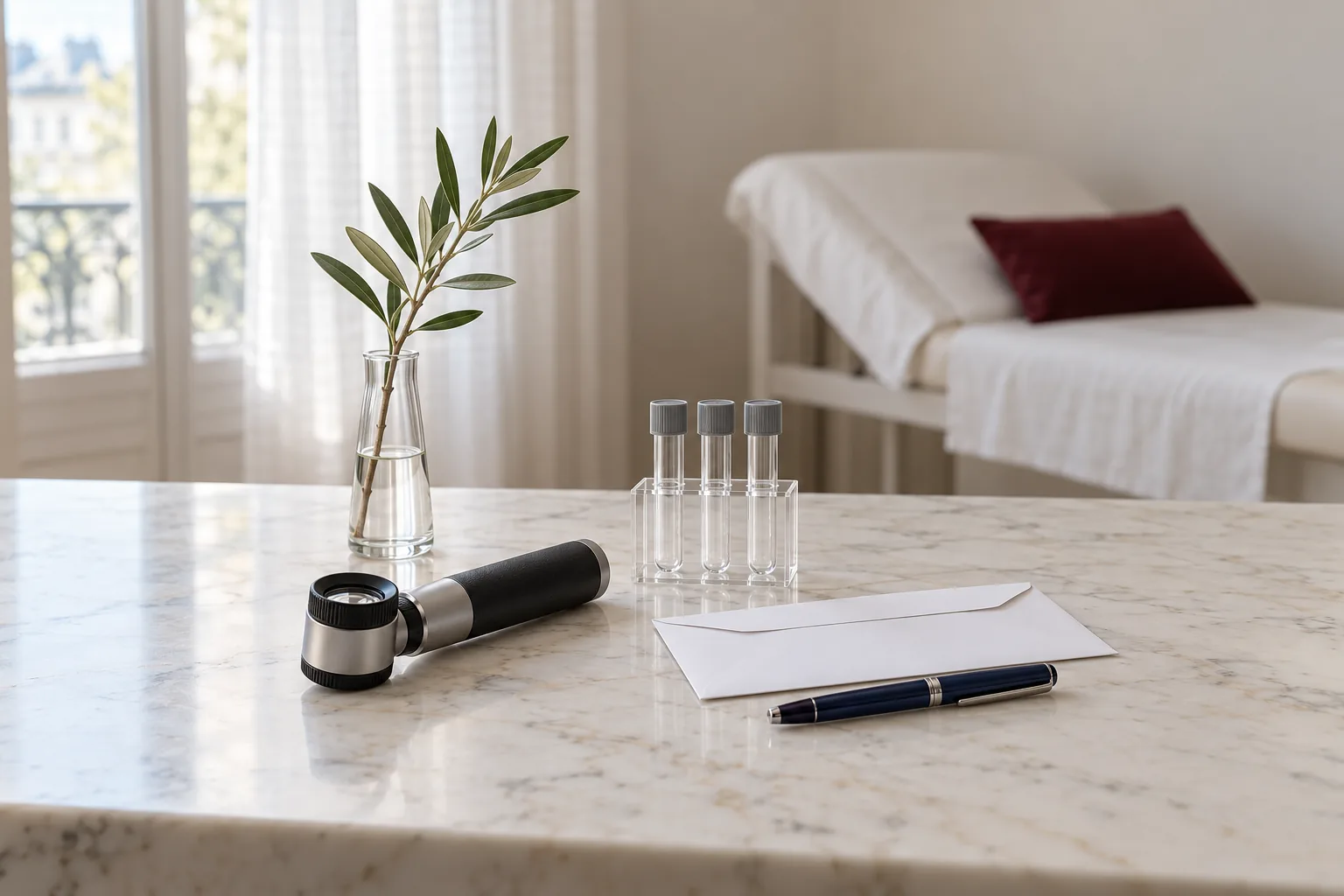 Mesa de mármore em consultório dermatológico com dermatoscópio, tubos de coleta e envelope de exames, tema da obesidade e pele, Dra. Helena Ciacci, dermatologia em Varginha