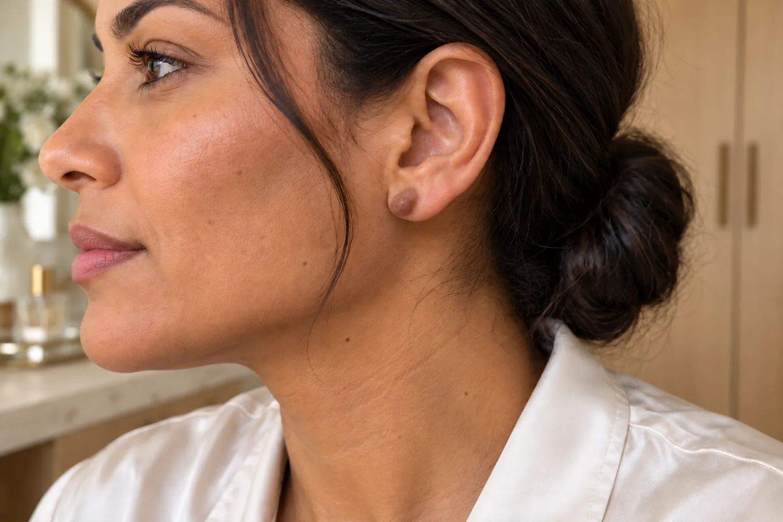 Mulher de perfil com um pequeno queloide no lóbulo da orelha, no furo de brinco. Dra. Helena Ciacci, Varginha e Campo Belo